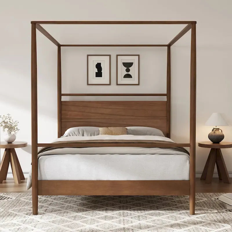 Solid Pine Wood Canopy Platform Bed, No Box Spring Needed, Modern Four-Poster Frame, 500lbs Capacity, Full/Queen/King