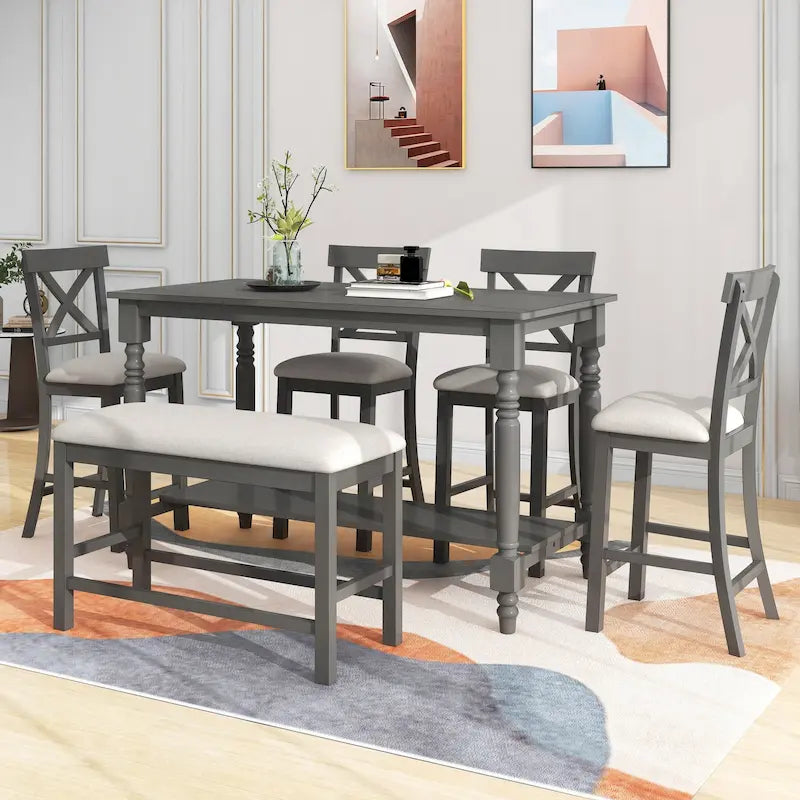 6-Piece Counter Height Dining Set - Table with 4 Chairs & Bench - Gray Wood with Storage Shelf - 60L x 29.5W x 36H