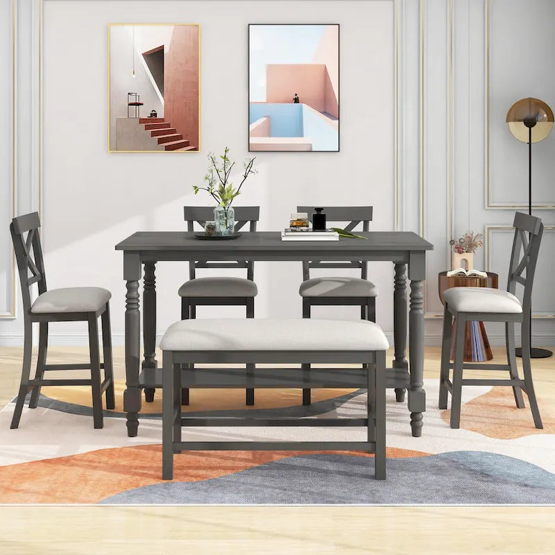 6-Piece Counter Height Dining Set - Table with 4 Chairs & Bench - Gray Wood with Storage Shelf - 60L x 29.5W x 36H