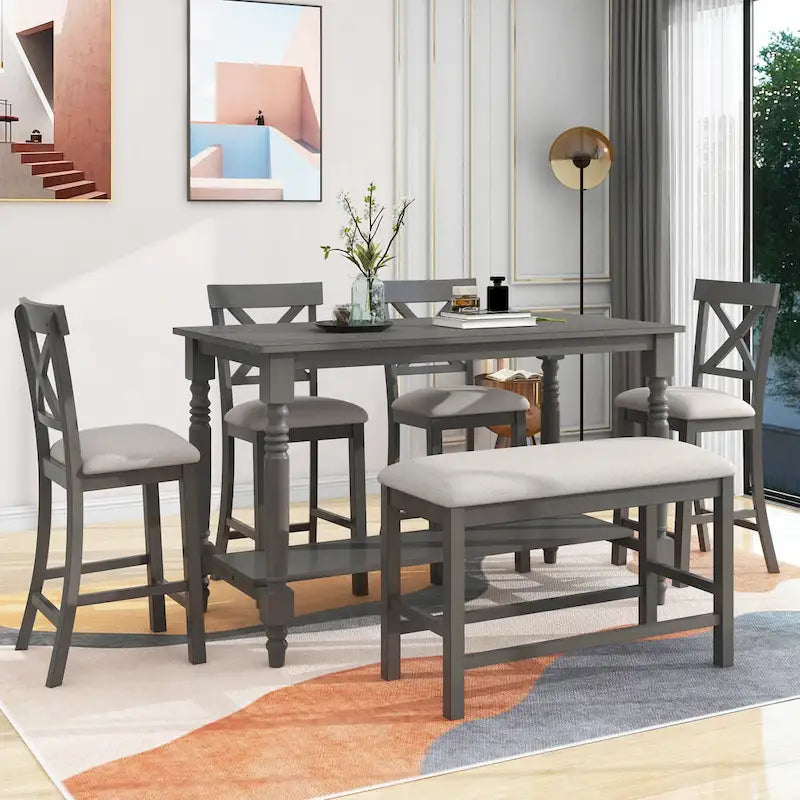 6-Piece Counter Height Dining Set - Table with 4 Chairs & Bench - Gray Wood with Storage Shelf - 60L x 29.5W x 36H