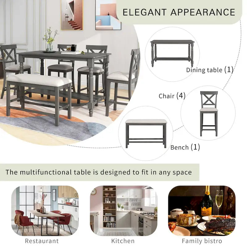 6-Piece Counter Height Dining Set - Table with 4 Chairs & Bench - Gray Wood with Storage Shelf - 60L x 29.5W x 36H