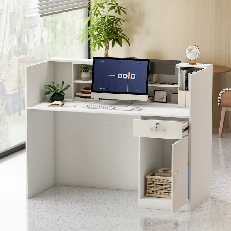 Rectangular Wood Reception Desk - Commercial Grade with Storage Drawer - Modern Secretary Desk - Melamine Laminate
