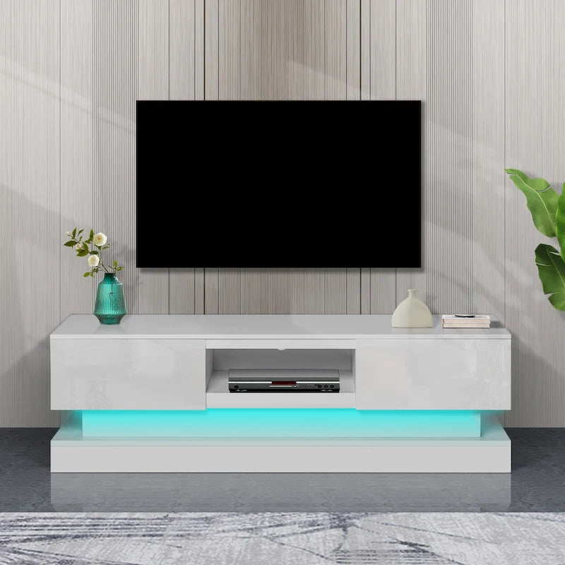 Modern TV Stand with 16 RGB LED Lights - High Gloss - 2 Drawers - Remote Control - For 65" TVs - 51.18x15.75x19.68 inch