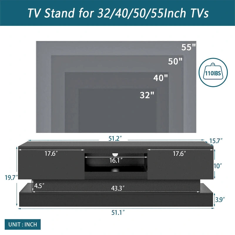 Modern TV Stand with 16 RGB LED Lights - High Gloss - 2 Drawers - Remote Control - For 65" TVs - 51.18x15.75x19.68 inch