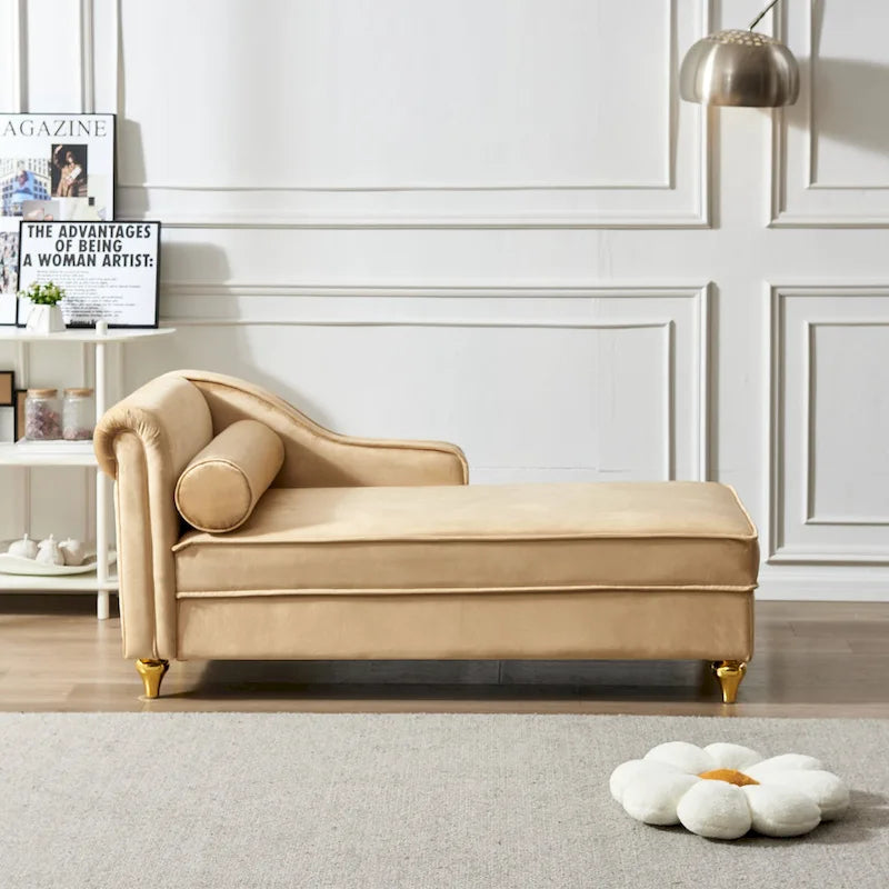 Velvet Chaise Lounge Chair with Storage - 29.9x60.6x27.5 inch - Gold Metal Legs - Bedroom Living Room Furniture