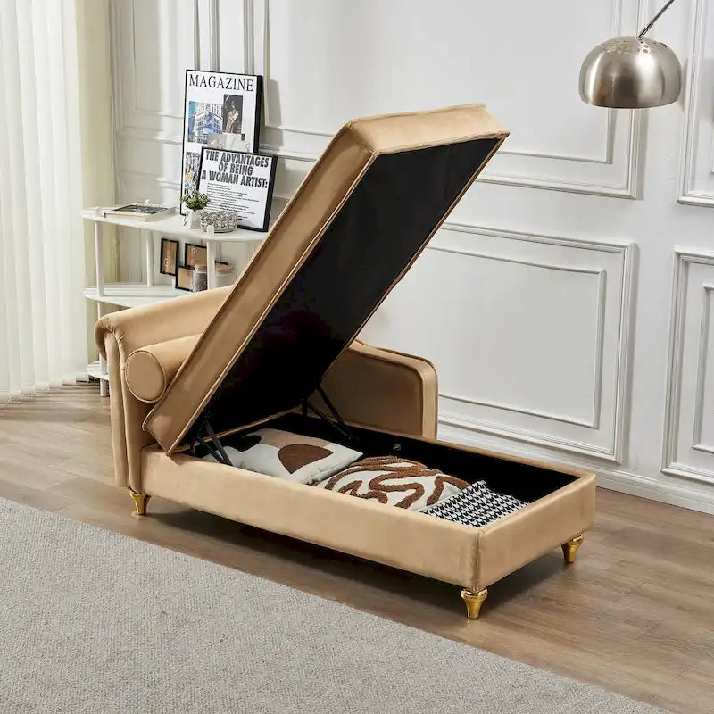 Velvet Chaise Lounge Chair with Storage - 29.9x60.6x27.5 inch - Gold Metal Legs - Bedroom Living Room Furniture