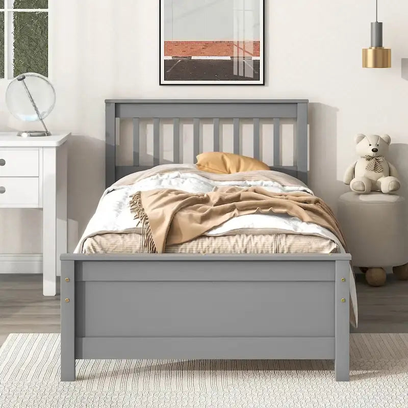 Twin Bed Frame with Headboard Footboard & Nightstand Pine Wood 10-Slat Support No Box Spring Needed - Kids Teens Adults