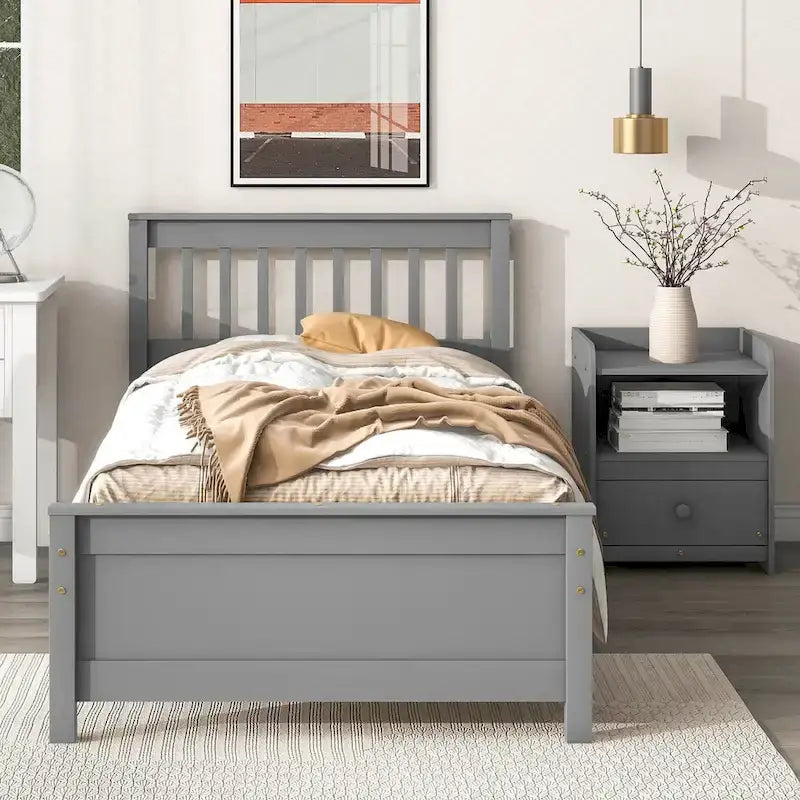 Twin Bed Frame with Headboard Footboard & Nightstand Pine Wood 10-Slat Support No Box Spring Needed - Kids Teens Adults