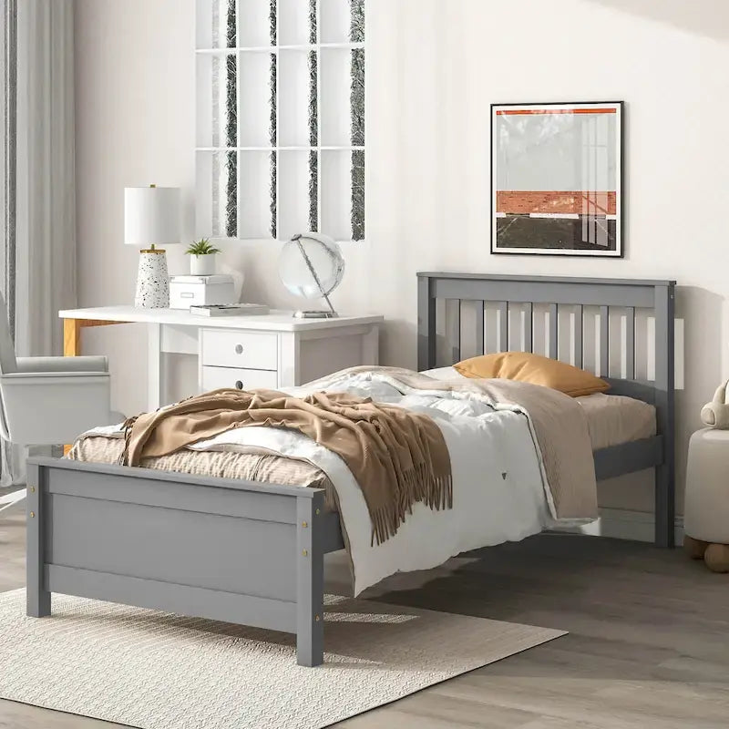 Twin Bed Frame with Headboard Footboard & Nightstand Pine Wood 10-Slat Support No Box Spring Needed - Kids Teens Adults