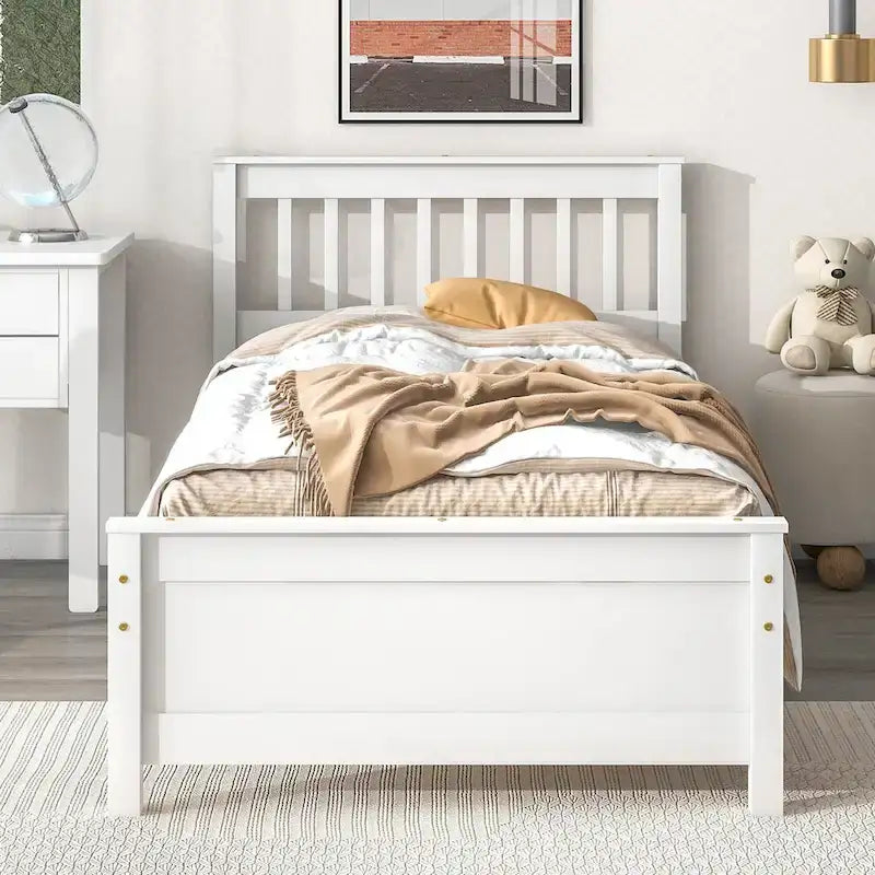 Twin Bed Frame with Headboard Footboard & Nightstand Pine Wood 10-Slat Support No Box Spring Needed - Kids Teens Adults