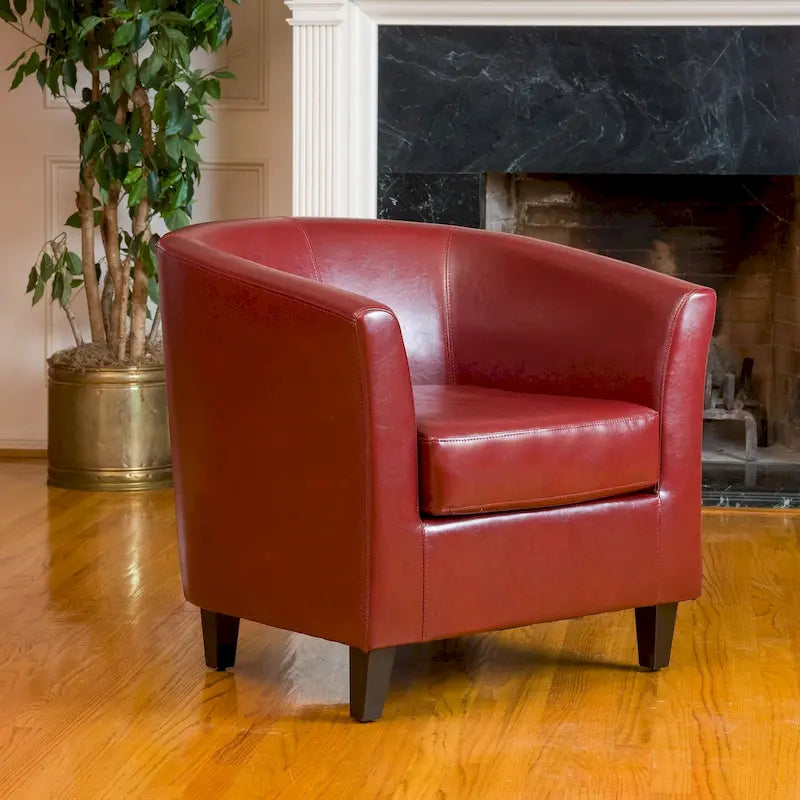 Bonded Leather Tub Chair - Oxblood Red Accent Chair - Retro-Inspired Club Chair - Plush Cushioning - Wood Frame