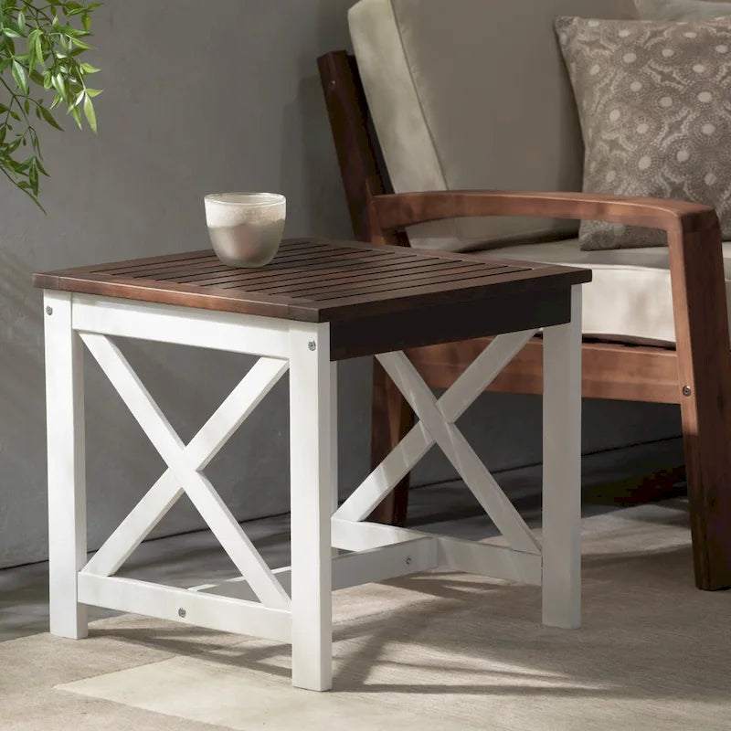 Square Farmhouse Acacia Wood End Table 19.75W x 19.75D x 18.75H - Slatted Top with X-Shaped Supports