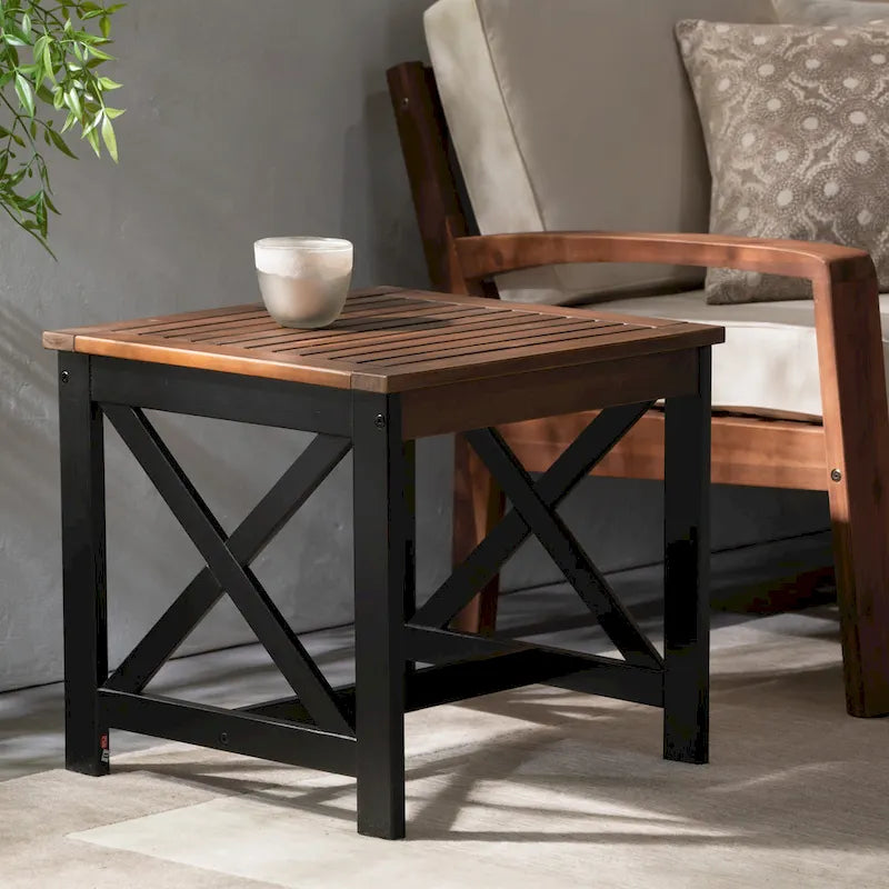 Square Farmhouse Acacia Wood End Table 19.75W x 19.75D x 18.75H - Slatted Top with X-Shaped Supports