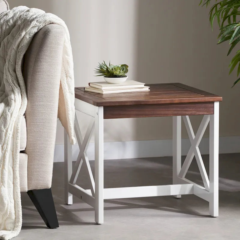 Square Farmhouse Acacia Wood End Table 19.75W x 19.75D x 18.75H - Slatted Top with X-Shaped Supports
