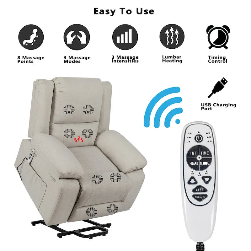 Power Lift Recliner Chair 36W x 36.2D x 40.5H - 8-Point Massage & Heat - 300 lbs - USB Charging