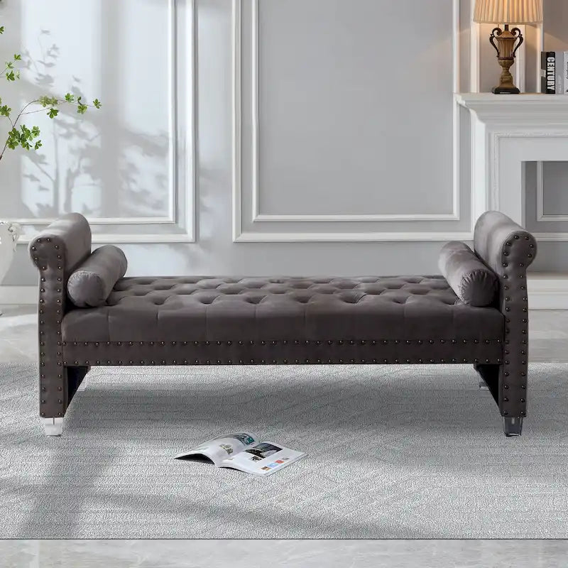 Tufted Velvet Bench 71W x 29D x 28H - Extra Long Bed Bench with Acrylic Legs - Nailhead Trim - 500 lbs Capacity