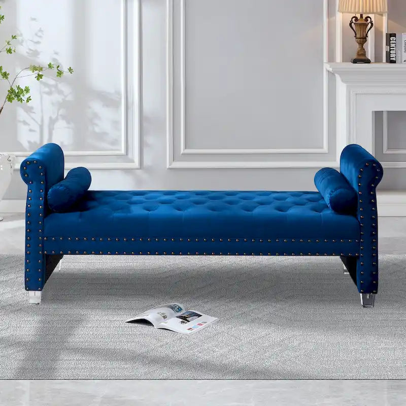 Tufted Velvet Bench 71W x 29D x 28H - Extra Long Bed Bench with Acrylic Legs - Nailhead Trim - 500 lbs Capacity