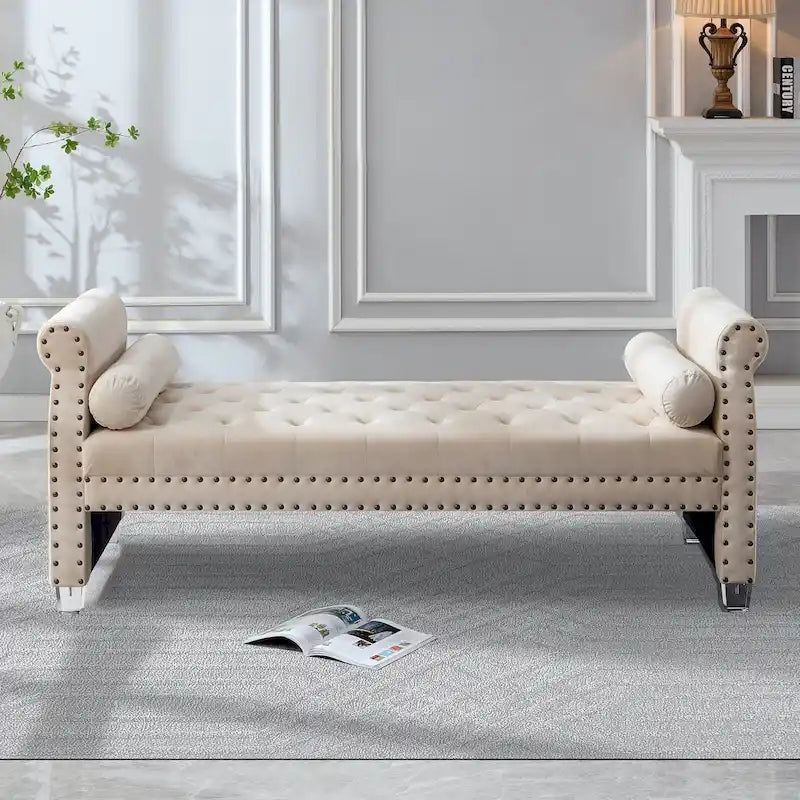 Tufted Velvet Bench 71W x 29D x 28H - Extra Long Bed Bench with Acrylic Legs - Nailhead Trim - 500 lbs Capacity