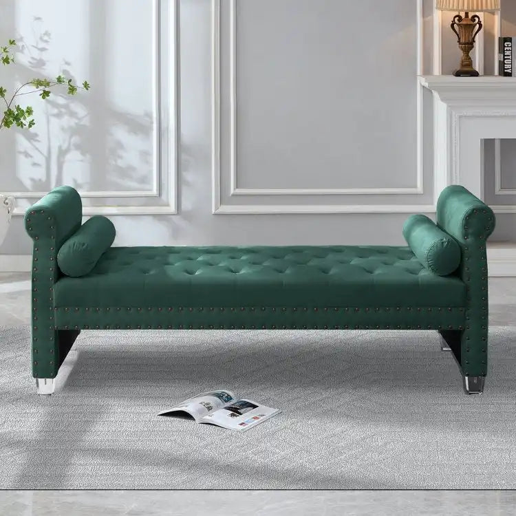 Tufted Velvet Bench 71W x 29D x 28H - Extra Long Bed Bench with Acrylic Legs - Nailhead Trim - 500 lbs Capacity