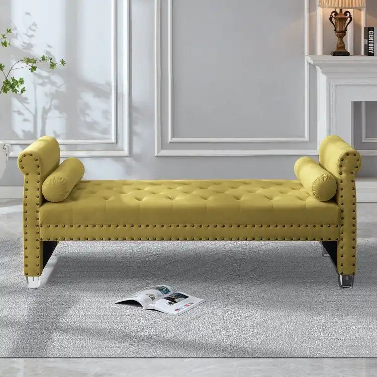 Tufted Velvet Bench 71W x 29D x 28H - Extra Long Bed Bench with Acrylic Legs - Nailhead Trim - 500 lbs Capacity