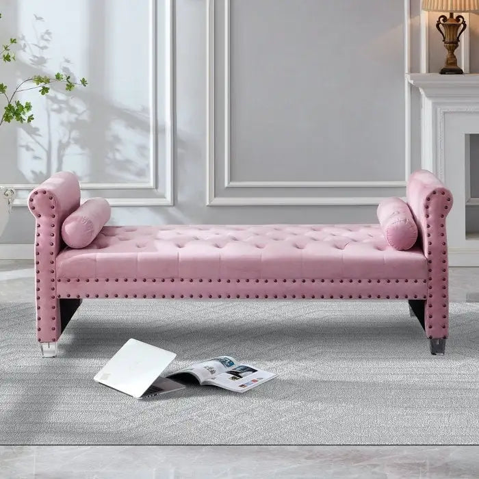 Tufted Velvet Bench 71W x 29D x 28H - Extra Long Bed Bench with Acrylic Legs - Nailhead Trim - 500 lbs Capacity