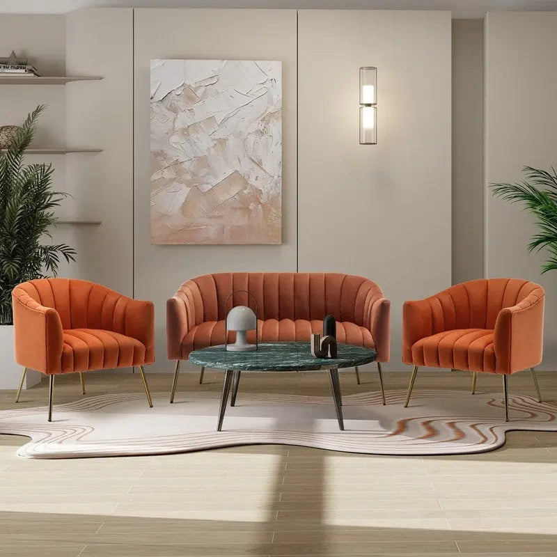 3-Piece Velvet Living Room Set - Modern Loveseat & 2 Club Chairs with Gold Metal Legs - 250-500 lbs Capacity