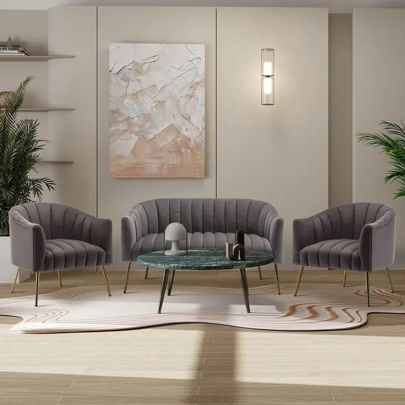 3-Piece Velvet Living Room Set - Modern Loveseat & 2 Club Chairs with Gold Metal Legs - 250-500 lbs Capacity
