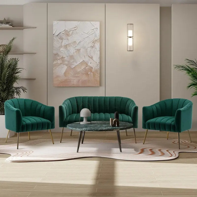 3-Piece Velvet Living Room Set - Modern Loveseat & 2 Club Chairs with Gold Metal Legs - 250-500 lbs Capacity