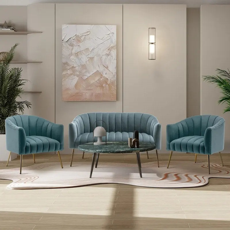 3-Piece Velvet Living Room Set - Modern Loveseat & 2 Club Chairs with Gold Metal Legs - 250-500 lbs Capacity