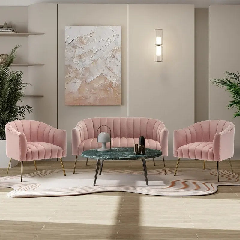 3-Piece Velvet Living Room Set - Modern Loveseat & 2 Club Chairs with Gold Metal Legs - 250-500 lbs Capacity