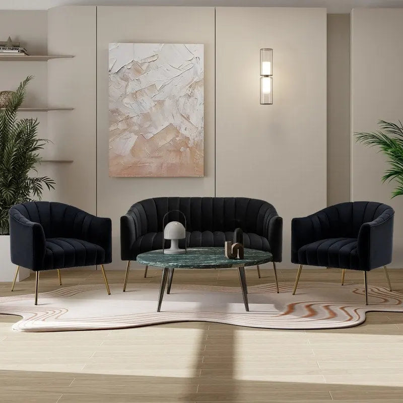 3-Piece Velvet Living Room Set - Modern Loveseat & 2 Club Chairs with Gold Metal Legs - 250-500 lbs Capacity