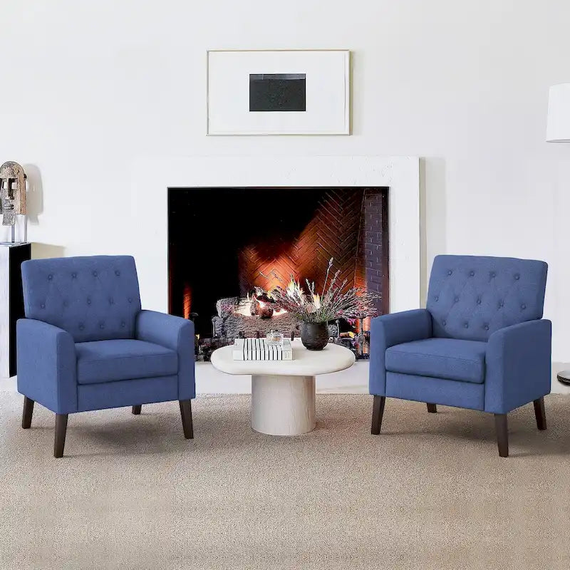 Mid-Century Accent Chairs Set of 2 - Button Tufted Linen 27.95W x 29.53D x 33.86H - 350 lbs - Walnut Legs