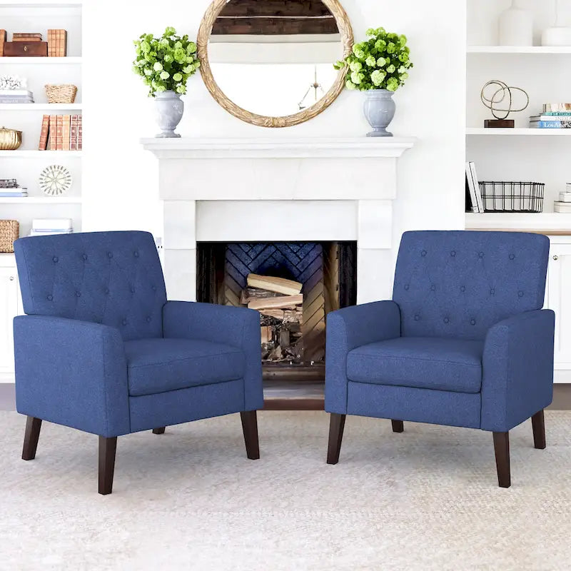 Mid-Century Accent Chairs Set of 2 - Button Tufted Linen 27.95W x 29.53D x 33.86H - 350 lbs - Walnut Legs