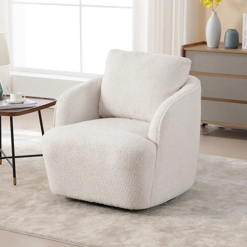 Boucle Swivel Barrel Chair 360° Rotation - High-Density Foam - Metal Base - Pillow Included - 30.3x33.7x33H - 300 lbs Capacity