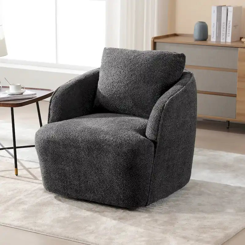 Boucle Swivel Barrel Chair 360° Rotation - High-Density Foam - Metal Base - Pillow Included - 30.3x33.7x33H - 300 lbs Capacity