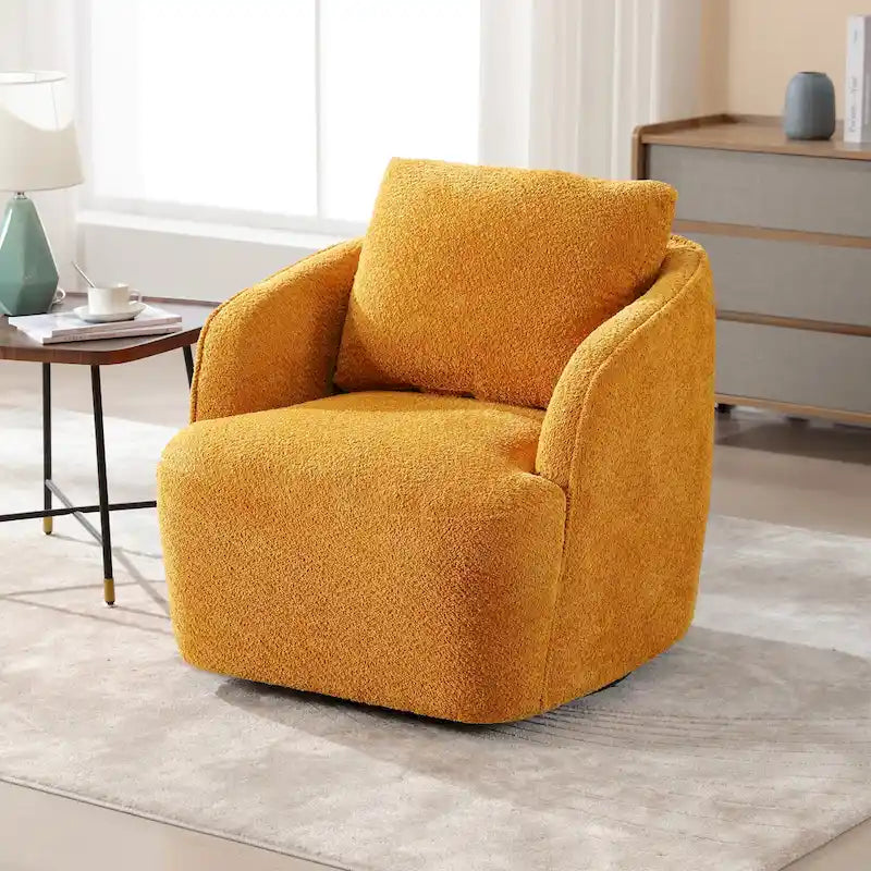 Boucle Swivel Barrel Chair 360° Rotation - High-Density Foam - Metal Base - Pillow Included - 30.3x33.7x33H - 300 lbs Capacity