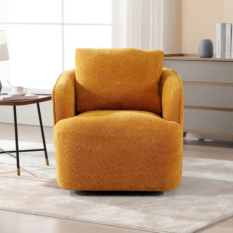 Boucle Swivel Barrel Chair 360° Rotation - High-Density Foam - Metal Base - Pillow Included - 30.3x33.7x33H - 300 lbs Capacity