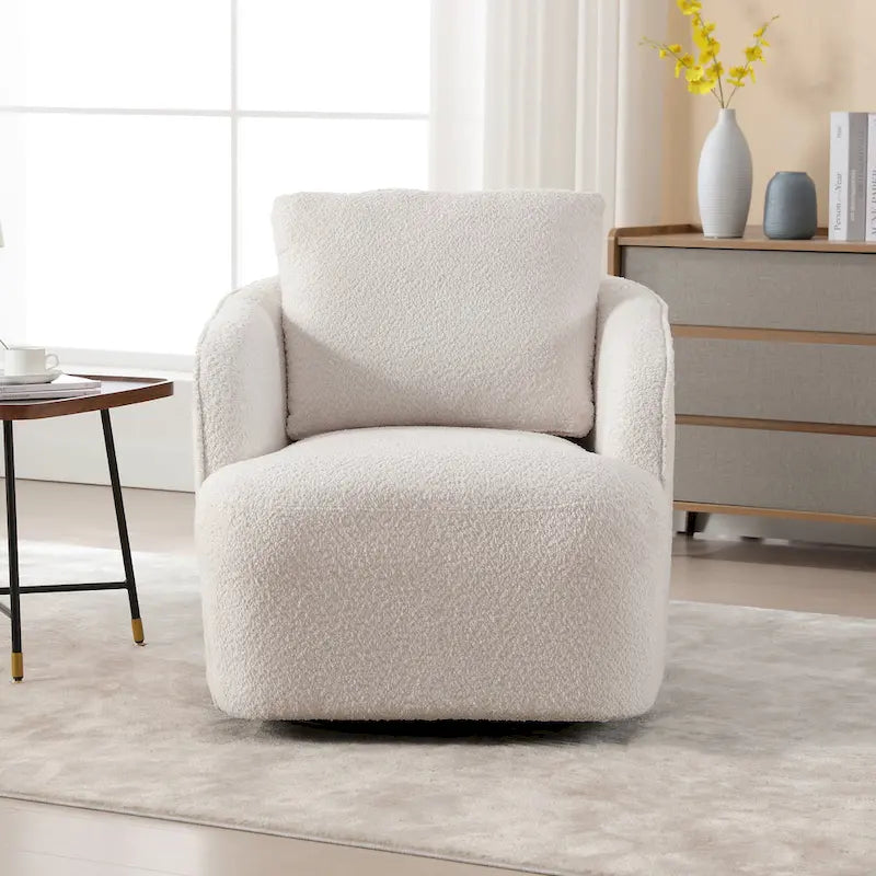 Boucle Swivel Barrel Chair 360° Rotation - High-Density Foam - Metal Base - Pillow Included - 30.3x33.7x33H - 300 lbs Capacity