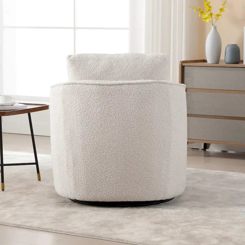 Boucle Swivel Barrel Chair 360° Rotation - High-Density Foam - Metal Base - Pillow Included - 30.3x33.7x33H - 300 lbs Capacity