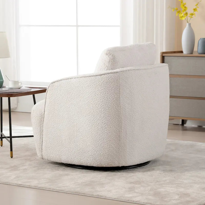 Boucle Swivel Barrel Chair 360° Rotation - High-Density Foam - Metal Base - Pillow Included - 30.3x33.7x33H - 300 lbs Capacity