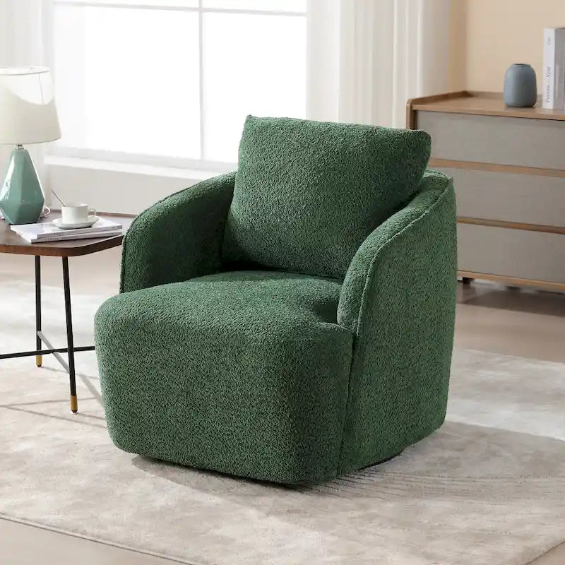 Boucle Swivel Barrel Chair 360° Rotation - High-Density Foam - Metal Base - Pillow Included - 30.3x33.7x33H - 300 lbs Capacity