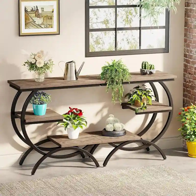 C-Shaped 3-Tier Side Table Industrial Farmhouse Rustic Brown Metal Frame Space-Saving End Table for Couch Sofa Bedroom
