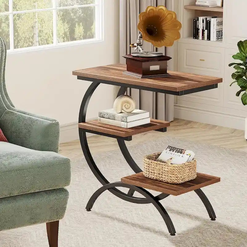 C-Shaped 3-Tier Side Table Industrial Farmhouse Rustic Brown Metal Frame Space-Saving End Table for Couch Sofa Bedroom