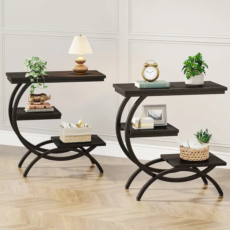 C-Shaped 3-Tier Side Table Industrial Farmhouse Rustic Brown Metal Frame Space-Saving End Table for Couch Sofa Bedroom