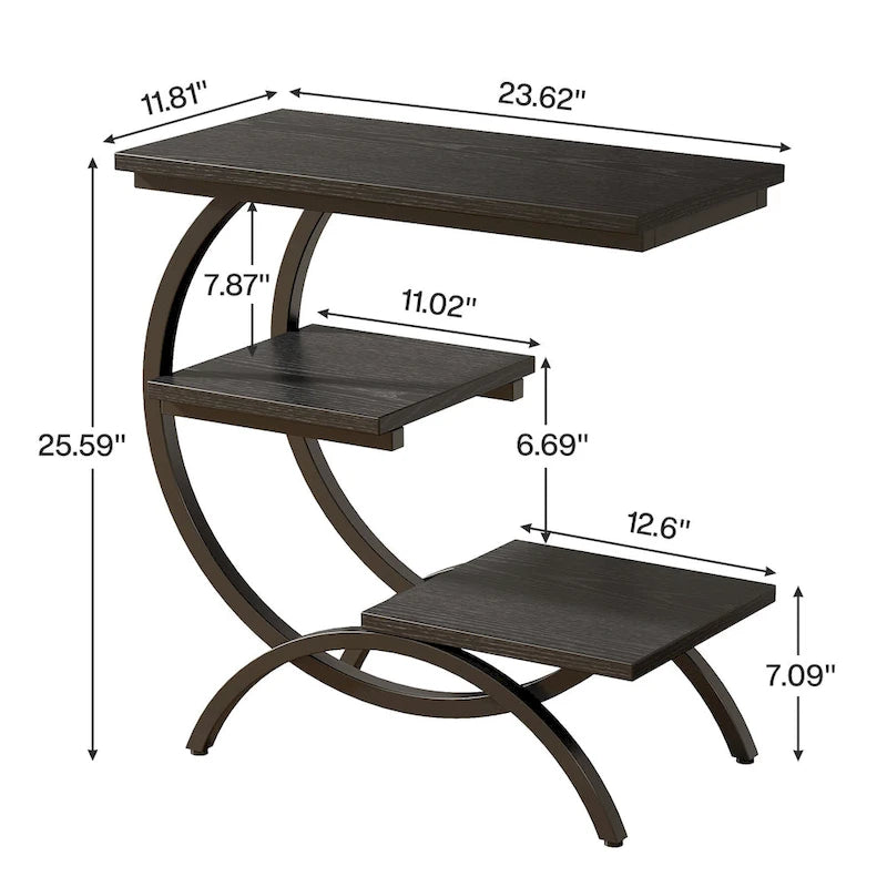 C-Shaped 3-Tier Side Table Industrial Farmhouse Rustic Brown Metal Frame Space-Saving End Table for Couch Sofa Bedroom