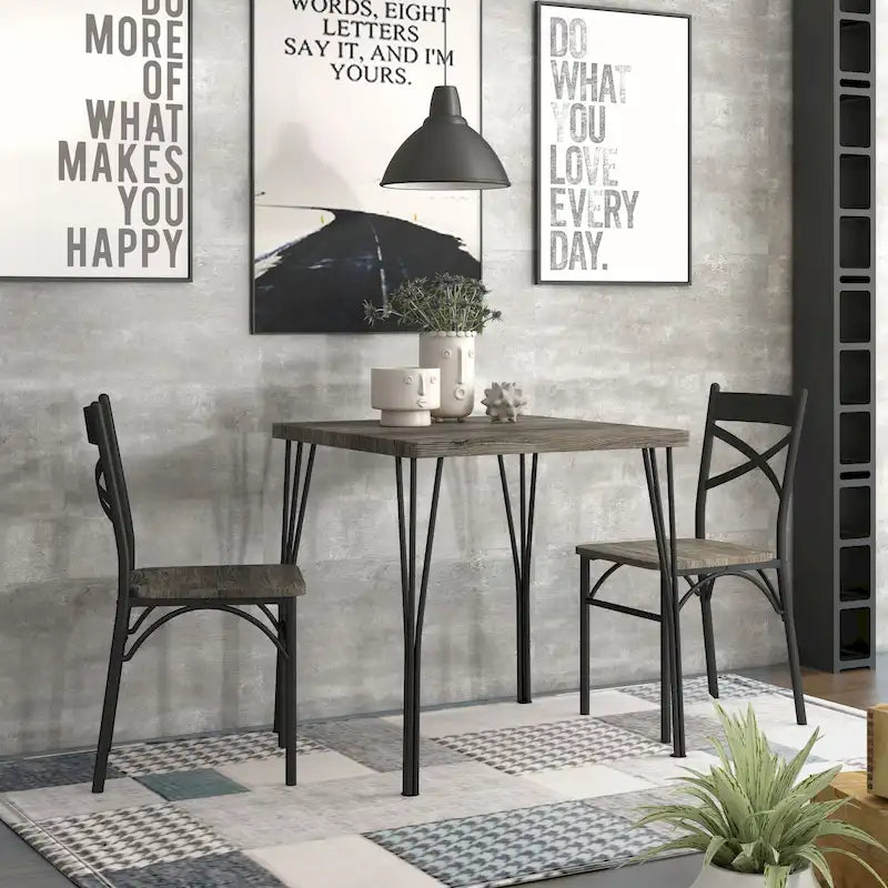 Industrial 3-Piece Dining Set - Square Table 29.25" + 2 Chairs - Metal Frame - Dark Bronze - Rustic Veneer - Space-Saving