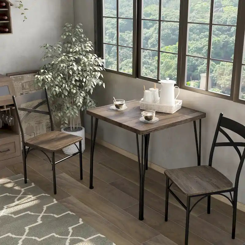 Industrial 3-Piece Dining Set - Square Table 29.25" + 2 Chairs - Metal Frame - Dark Bronze - Rustic Veneer - Space-Saving