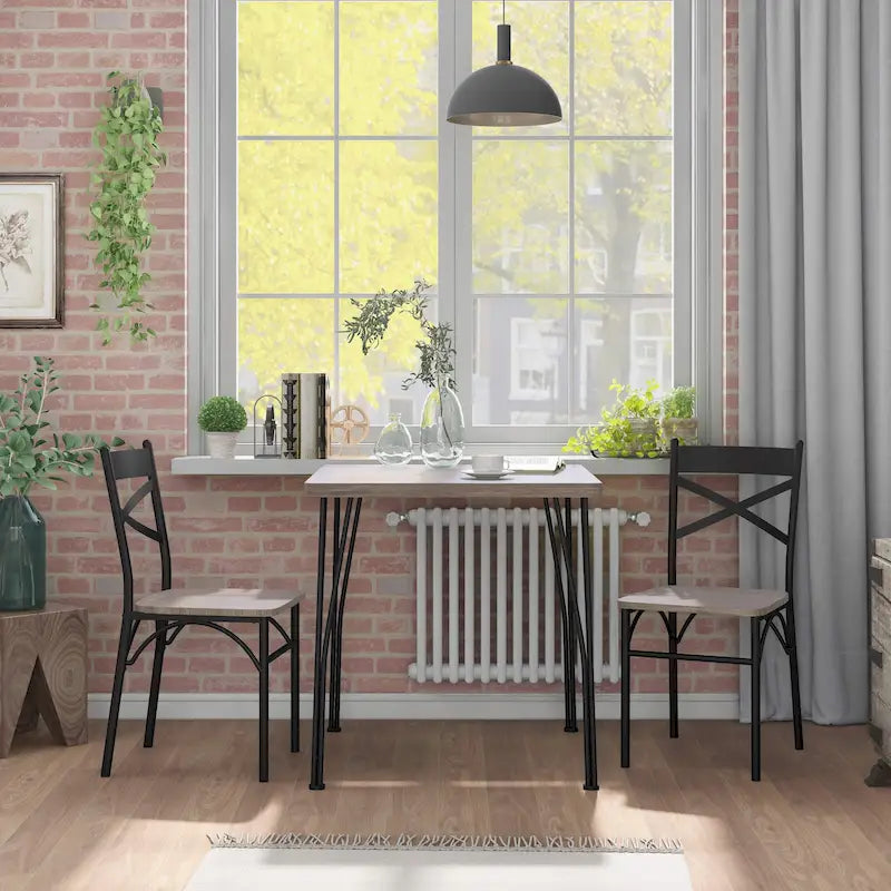 Industrial 3-Piece Dining Set - Square Table 29.25" + 2 Chairs - Metal Frame - Dark Bronze - Rustic Veneer - Space-Saving