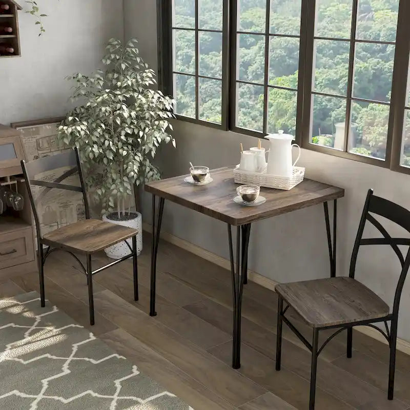 Industrial 3-Piece Dining Set - Square Table 29.25" + 2 Chairs - Metal Frame - Dark Bronze - Rustic Veneer - Space-Saving
