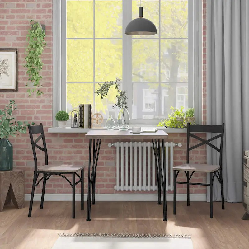 Industrial 3-Piece Dining Set - Square Table 29.25" + 2 Chairs - Metal Frame - Dark Bronze - Rustic Veneer - Space-Saving